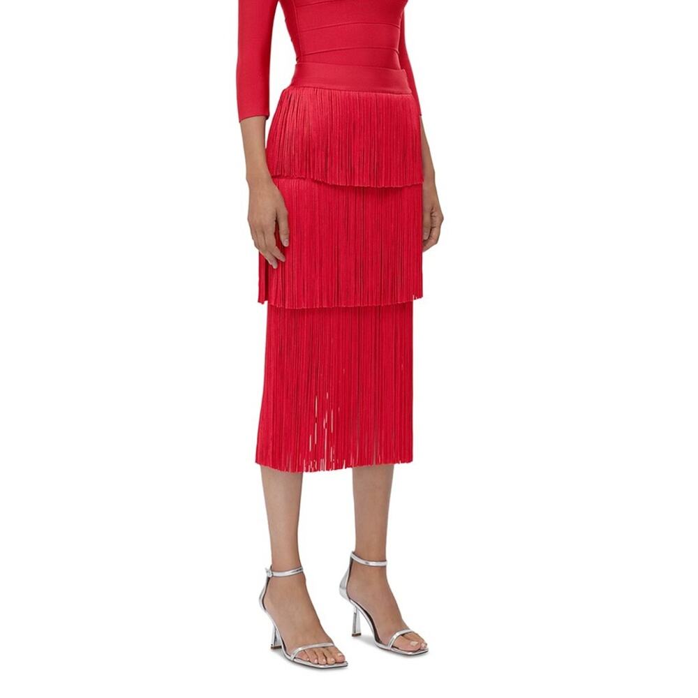 HERVÉ LÉGER Red Layered Fringe Midi Skirt Size XXS NWT